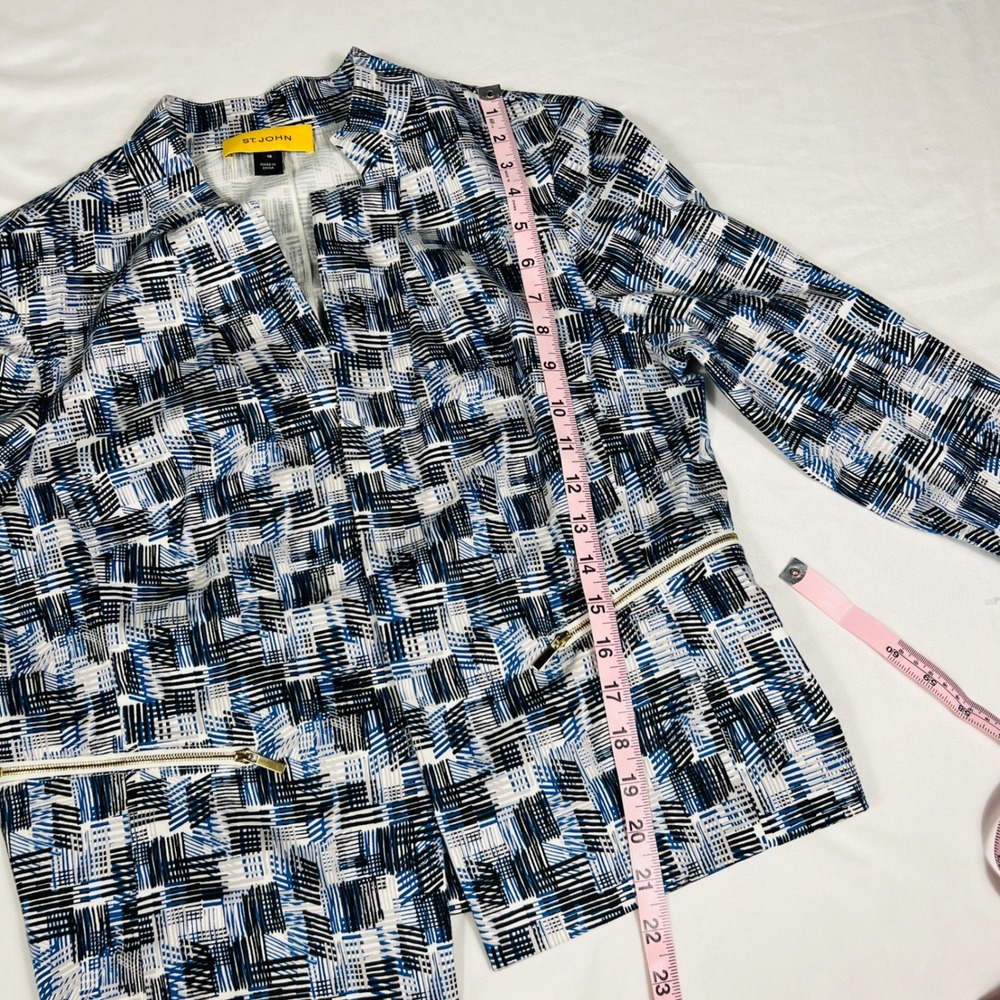 St John Women Blue Black White Geometric Print Open Front Jacket Size 10 Casual - Picture 8 of 8